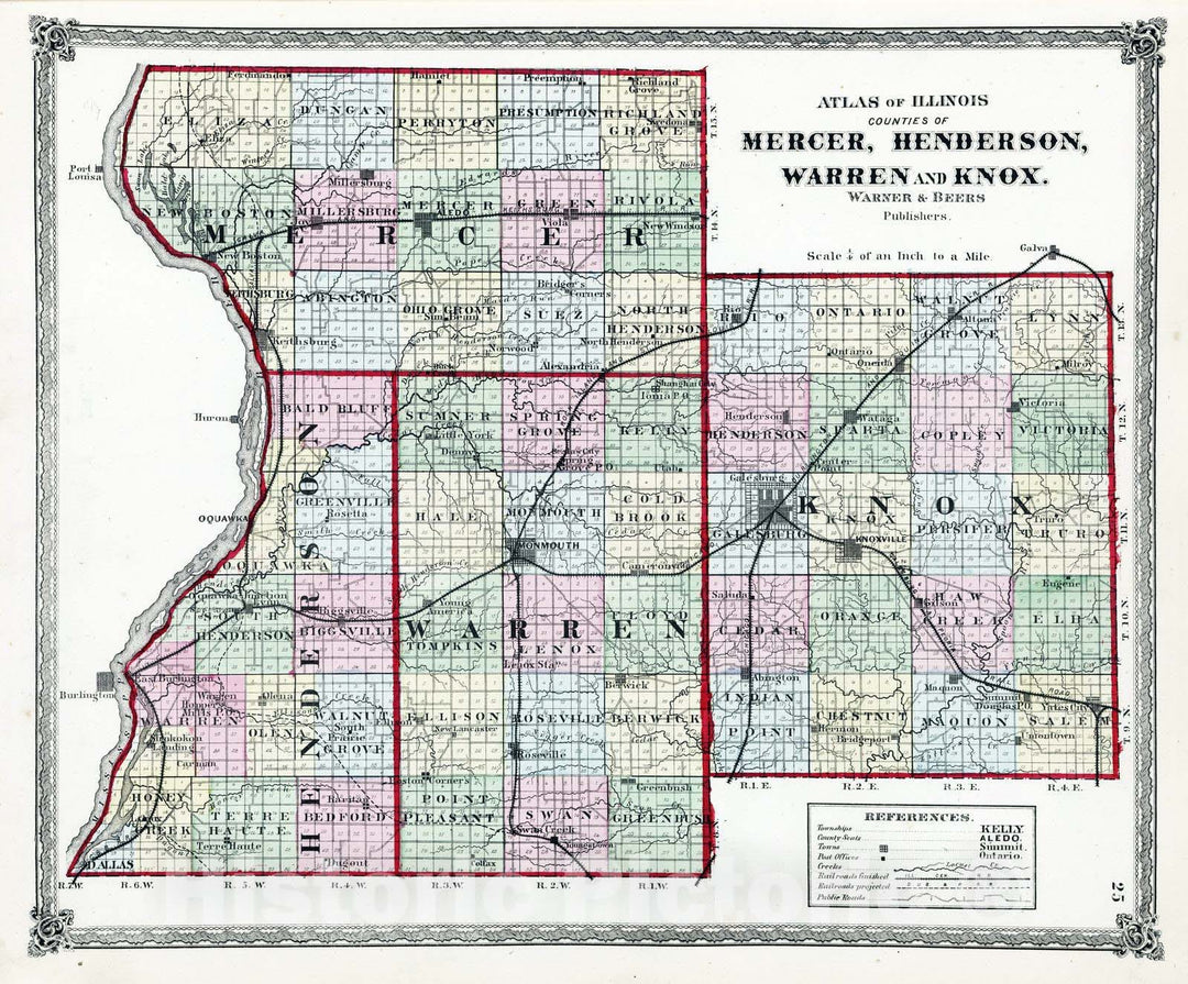 Historic Map : National Atlas - 1872 Atlas of Illinois, Counties of Mercer, Henderson, Warren and Knox. - Vintage Wall Art