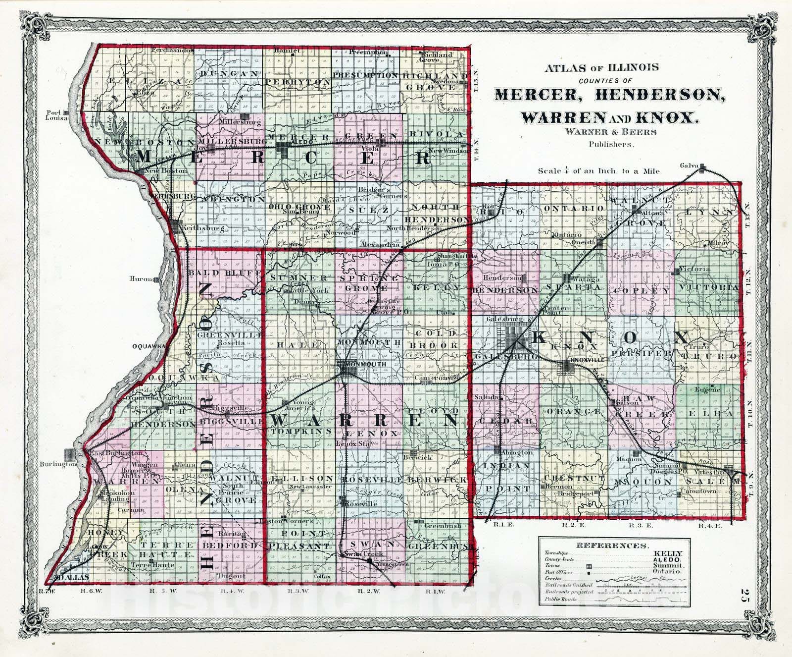 Historic Map : National Atlas - 1872 Atlas of Illinois, Counties of Mercer, Henderson, Warren and Knox. - Vintage Wall Art