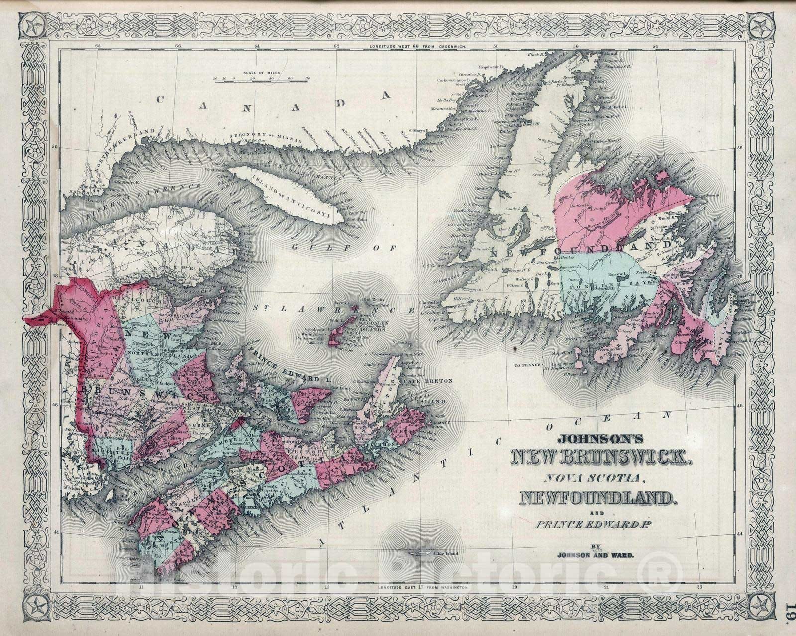 Historic Map : 1865 New Brunswick, Nova Scotia, Newfoundland, and Prince Edward Island. - Vintage Wall Art
