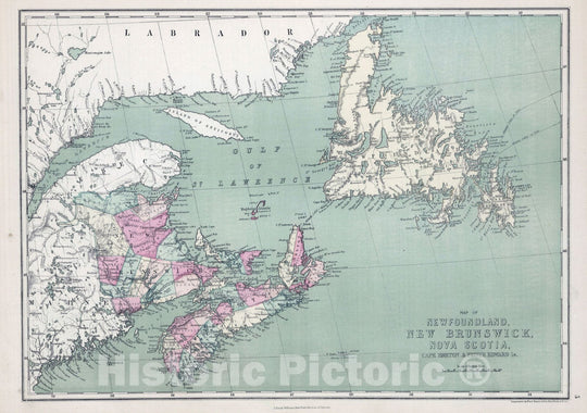 Historic Map : 1873 Map of Newfoundland, New Brunswick, Nova Scotia, Cape Breton, and Prince Edward Island. - Vintage Wall Art