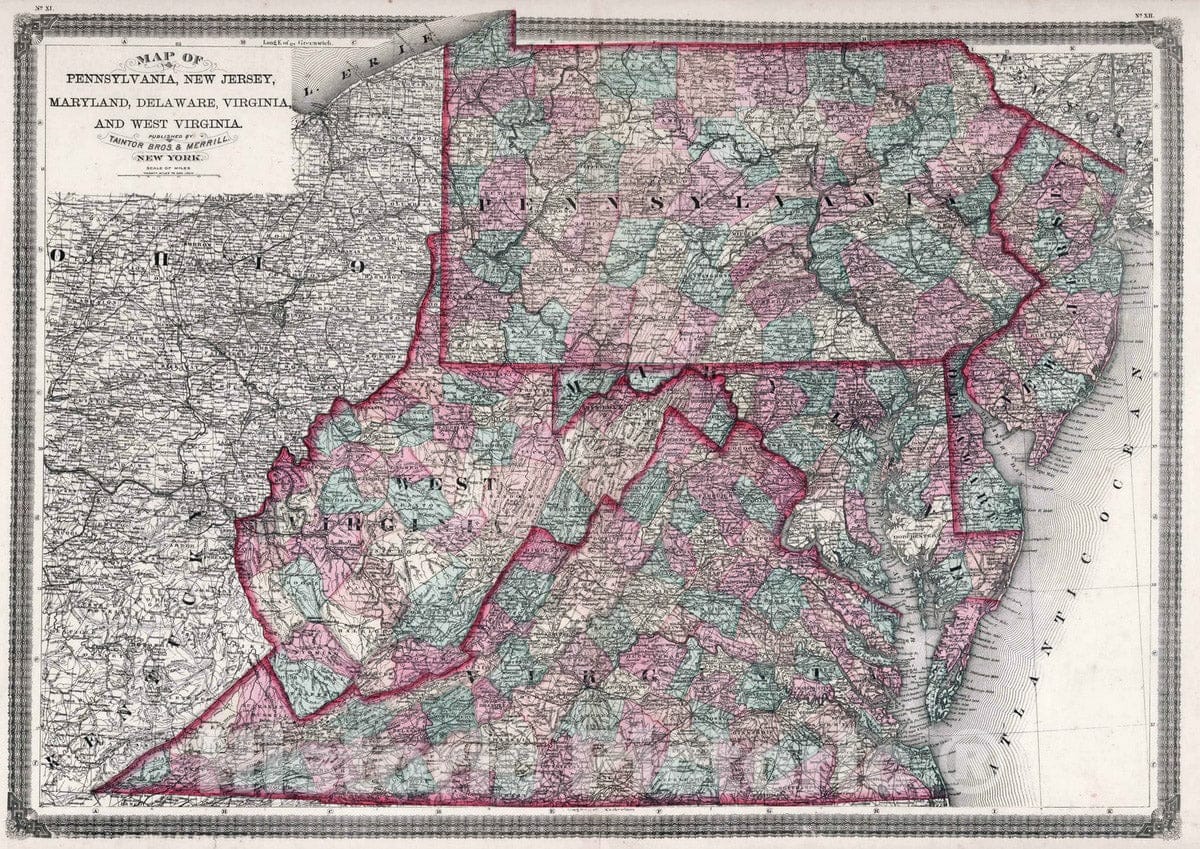 Historic Map : 1874 Pennsylvania, New Jersey, Maryland, Delaware, Virginia and West Virginia. - Vintage Wall Art