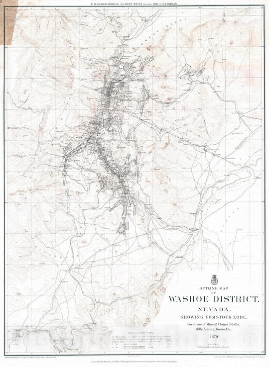 Historic Map : National Atlas - 1879 Outline Map Of Washoe District, Nevada. - Vintage Wall Art
