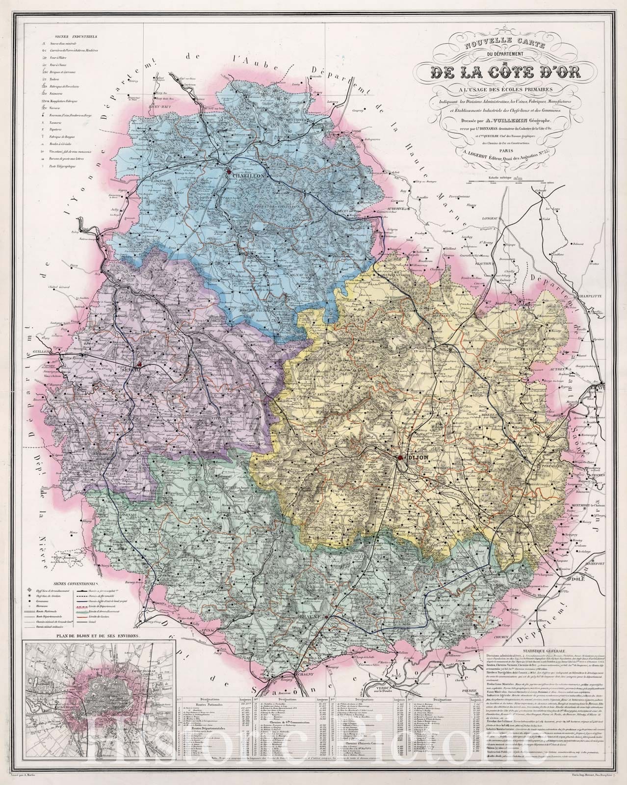 Historic Map : Dijon , France, Cote d'Or 1876 Nouvelle Carte du Departement de la Cote d'Or a L'Usage de Ecoles Primaires. , Vintage Wall Art