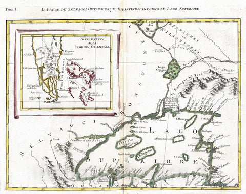 Historic Map : Bahamas, Florida, Superior, Lake 1778 Il Paese de' Selvaggi Outauacesi, e Kilistinesi Intorno al Lago Superiore. , Vintage Wall Art