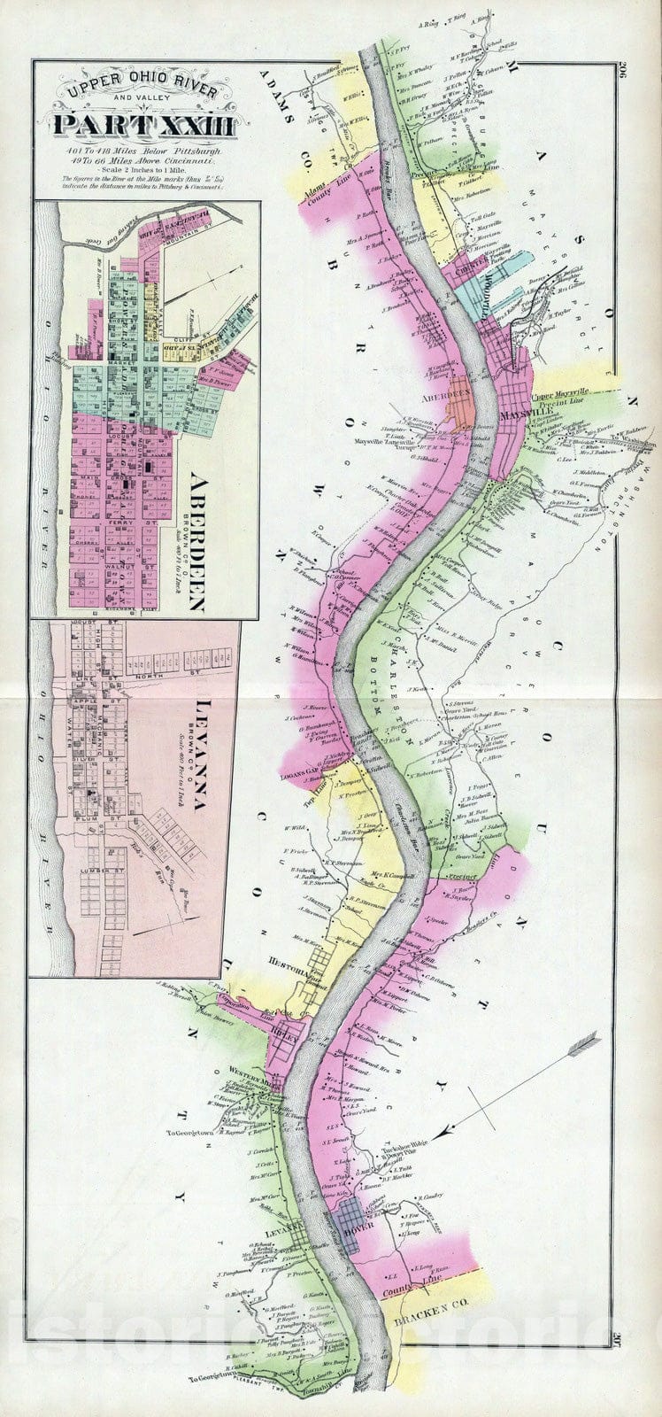 Historic Map : 1877 Upper Ohio River and Valley part XXIII, 401 to 418 miles below Pittsburgh, (with) Aberdeen, Levanna, Brown Co, O. - Vintage Wall Art