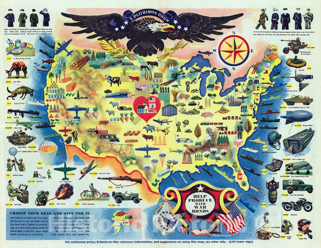 Historic Map : Separate Map - 1944 Help Produce with War Bonds. - Vintage Wall Art