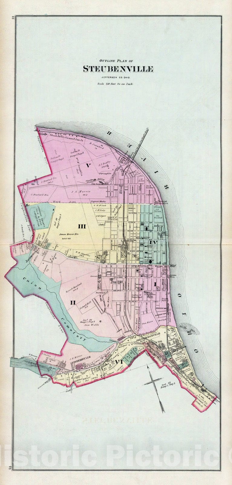 Historic Wall Map : 1877 Steubenville, Ohio. - Vintage Wall Art