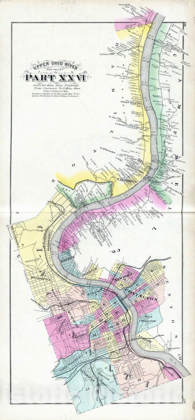Historic Map : 1877 Upper Ohio River and Valley part XXVI, 452 to 467 miles below Pittsburgh, from Cincinnati to 15 miles above. - Vintage Wall Art