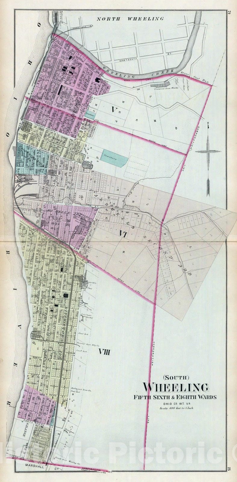 Historic Wall Map : 1877 South Wheeling, fifth, sixth & eighth wards, Ohio Co, Wt. Va. - Vintage Wall Art