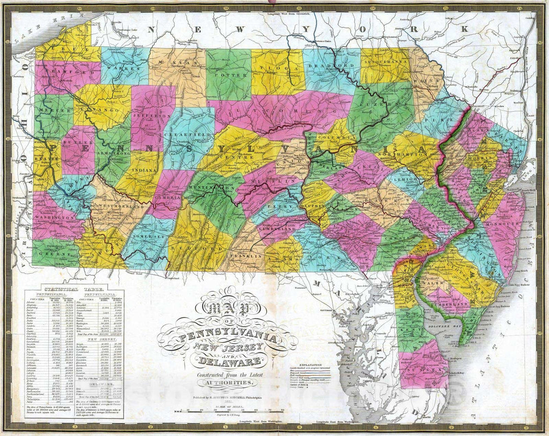 Historic Map : National Atlas - 1831 Map of Pennsylvania, New Jersey, and Delaware. - Vintage Wall Art