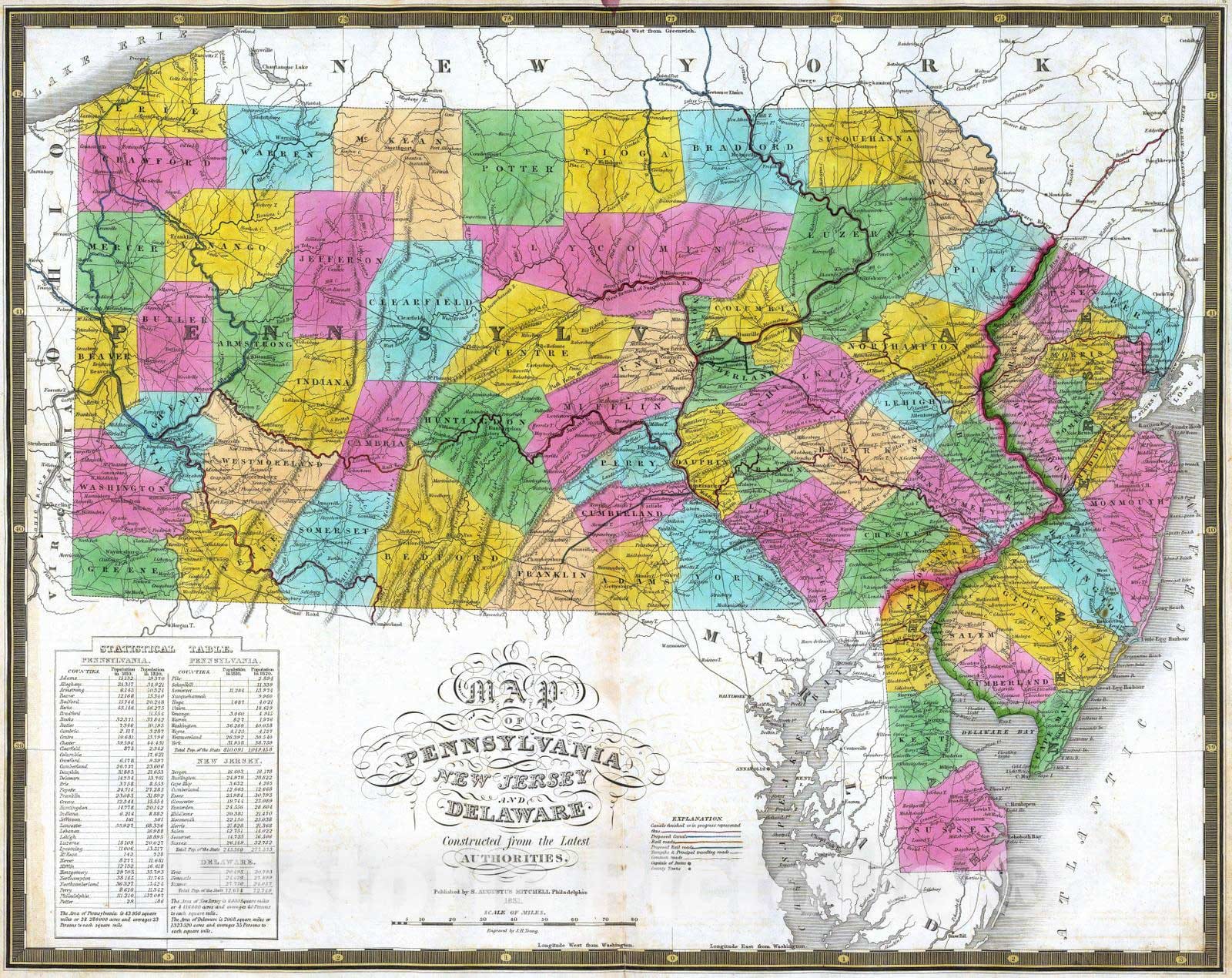 Historic Map : National Atlas - 1831 Map of Pennsylvania, New Jersey, and Delaware. - Vintage Wall Art