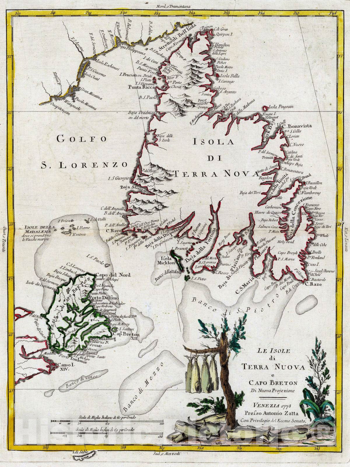 Historic Map : Canada, Cape Breton Island 1778 Le Isole di Terra Nuova e Capo Breton Di Nuova Projezione. , Vintage Wall Art