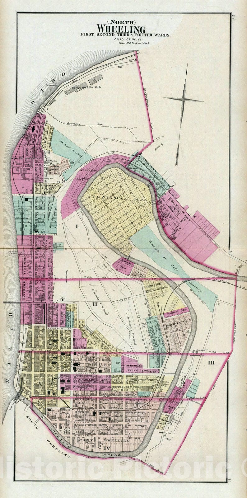 Historic Map : 1877 North Wheeling, first, second, third & fourth wards, Ohio Co, W. Va. - Vintage Wall Art