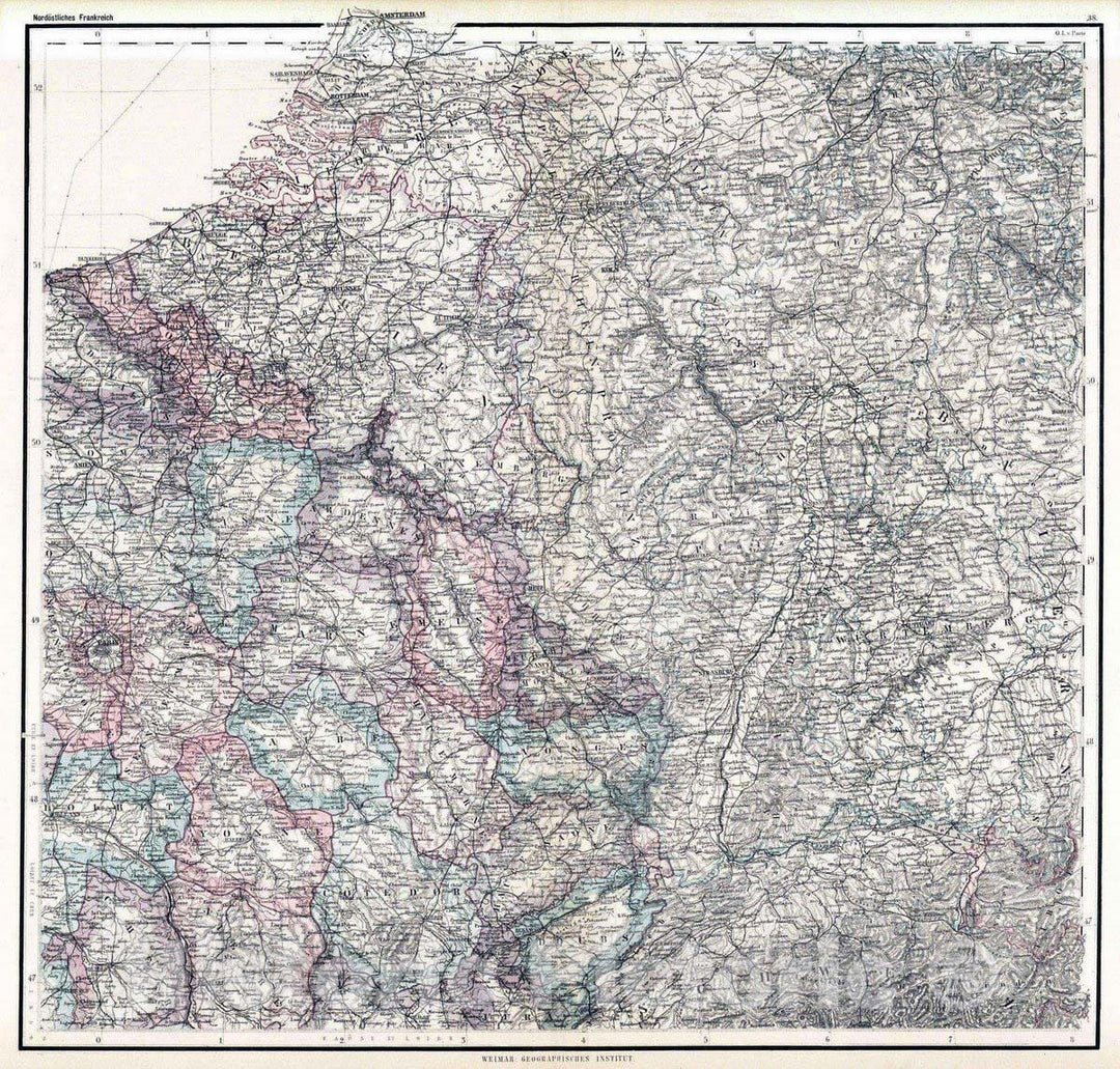 Historic Map : 1886 Northeast France and Belgium. - Vintage Wall Art