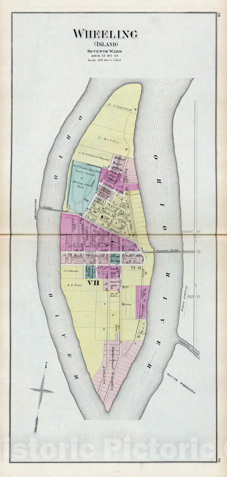 Historic Map : 1877 Wheeling Island, seventh ward, Ohio Co, Wt. Va. - Vintage Wall Art