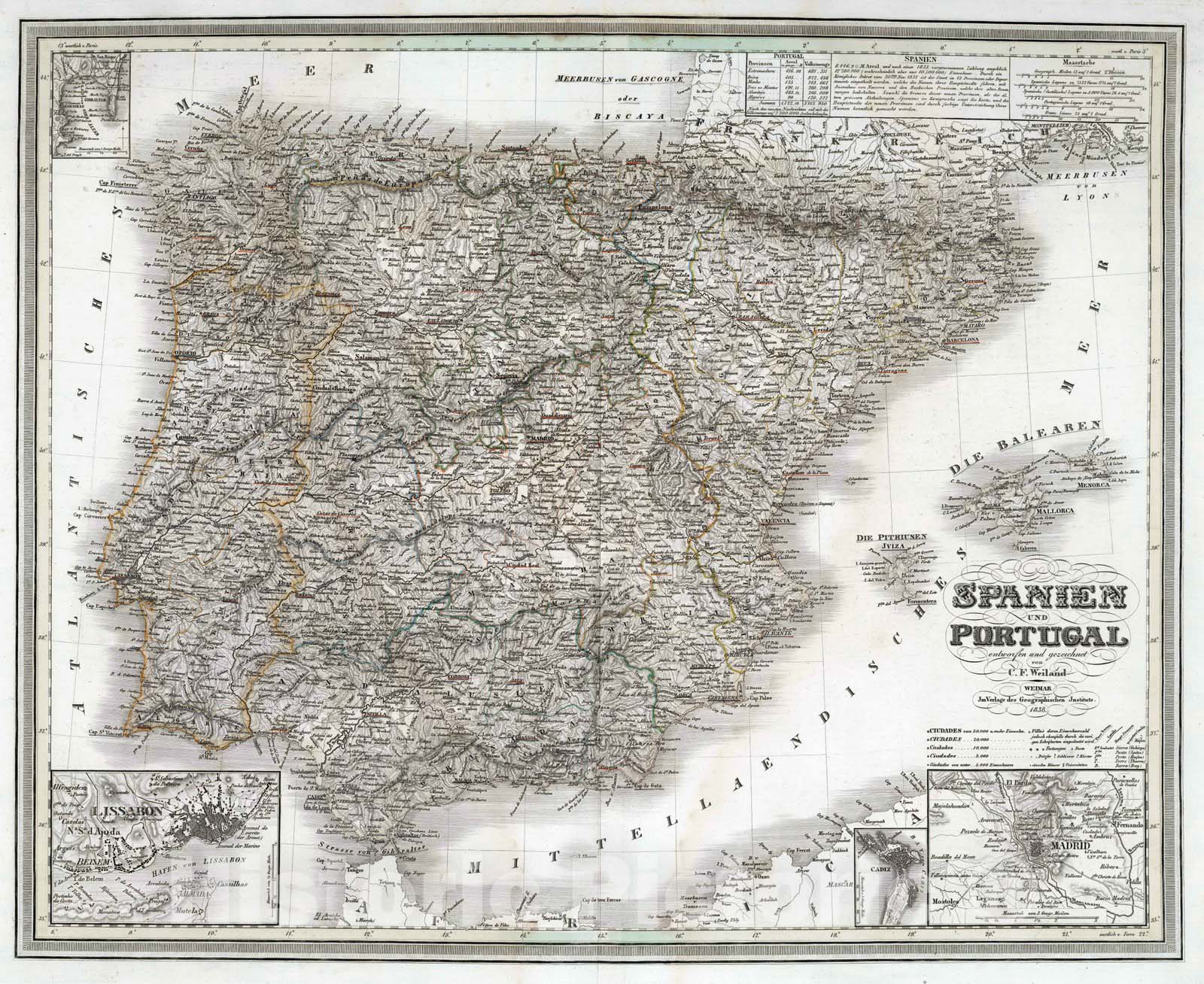 Historic Map : 1838 Spain and Portugal : Vintage Wall Art