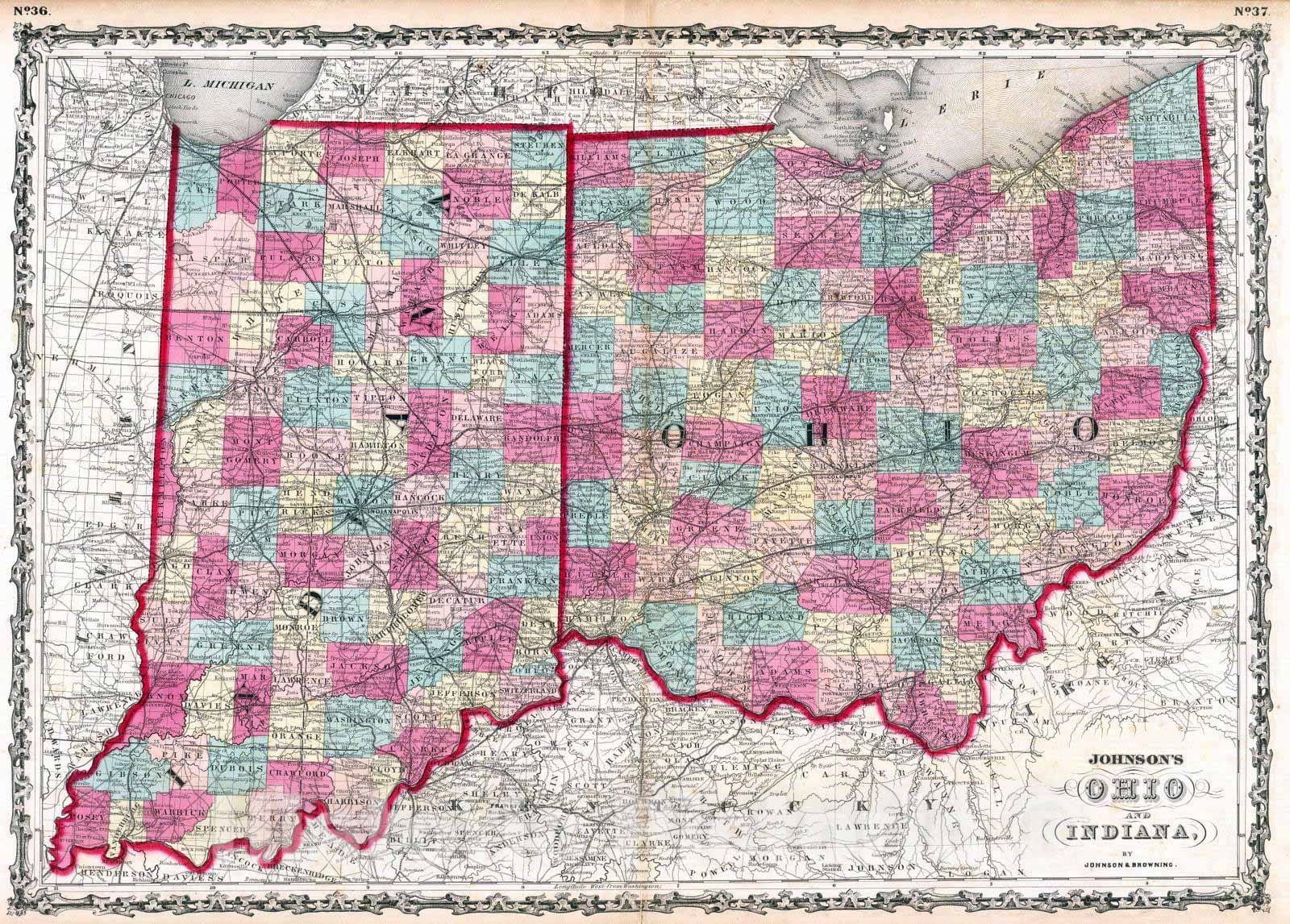Historic Map : 1860 Ohio and Indiana. - Vintage Wall Art