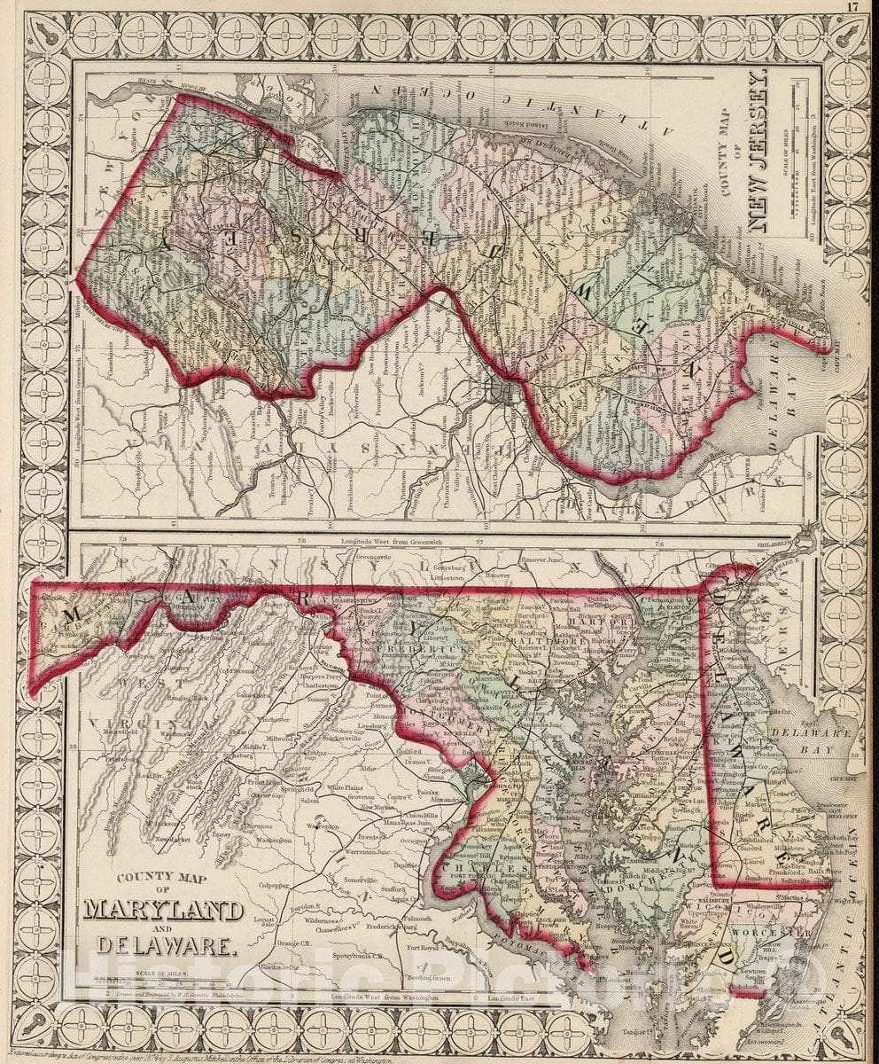 Historic Map : National Atlas - 1874 County Map of Maryland and Delaware. County Map of New Jersey. - Vintage Wall Art