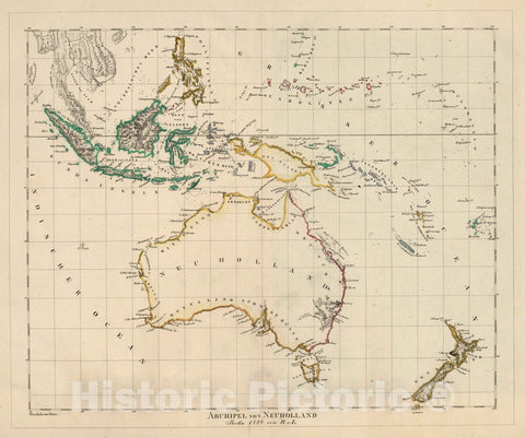 Historic Map : Australia; Indonesia; New Zealand; Guinea, 1824 Archipel von Neuholland. Berlin 1824. von R.v.L. , Vintage Wall Art