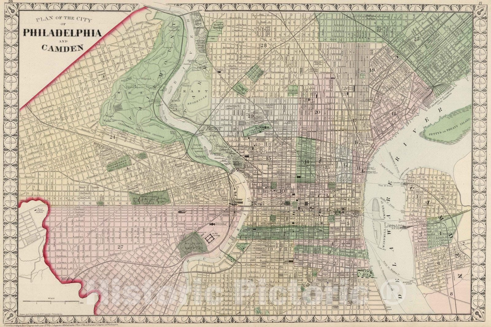 Historic Map : National Atlas - 1874 Plan of the City of Philadelphia and Camden. - Vintage Wall Art