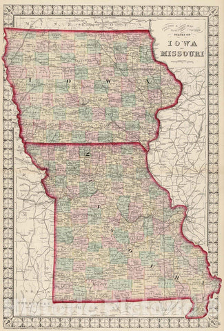 Historic Map : National Atlas - 1874 County and Township Map of the States of Iowa and Missouri. - Vintage Wall Art