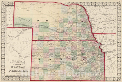 Historic Map : National Atlas - 1874 County & Township Map of the States of Kansas and Nebraska. - Vintage Wall Art