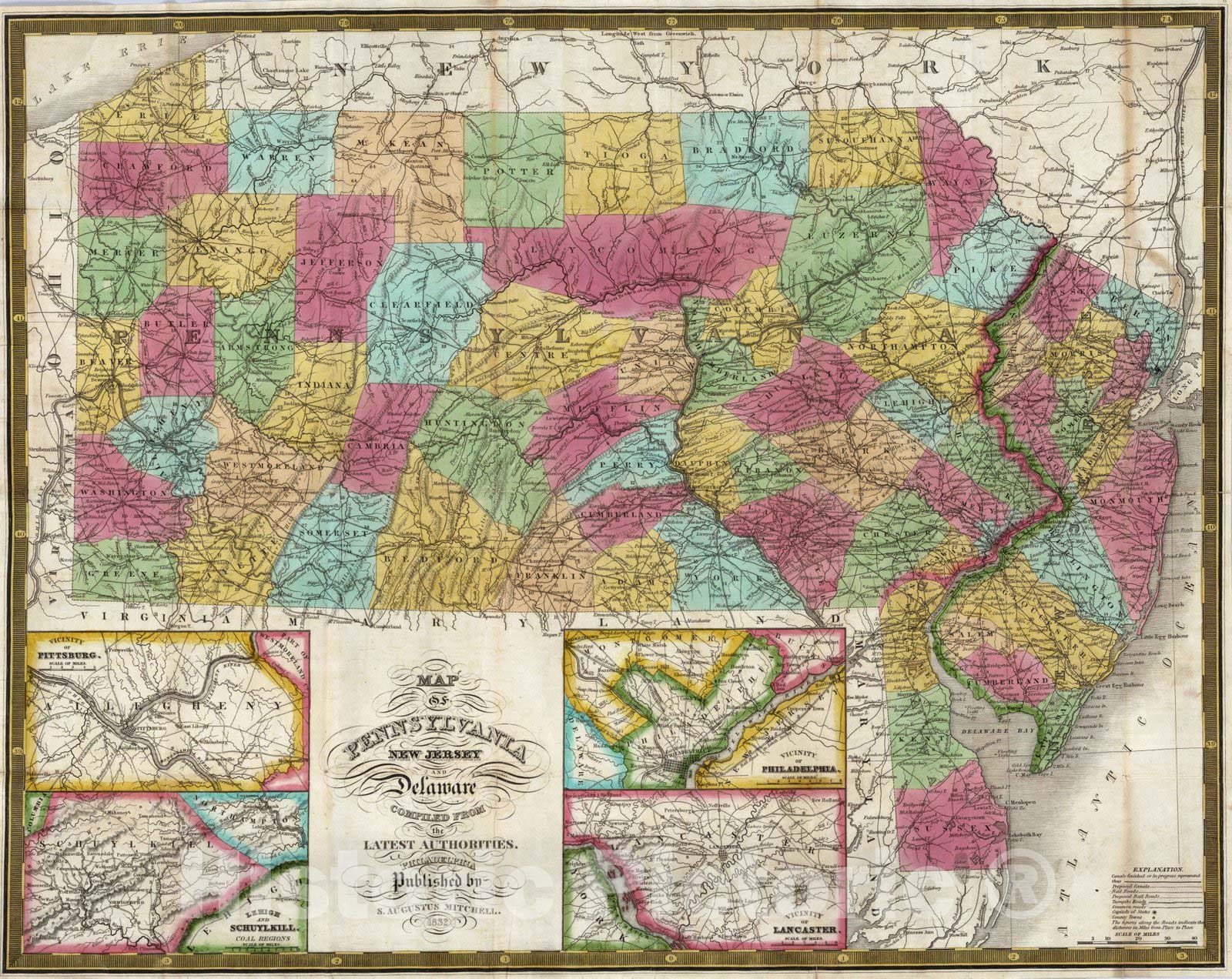 Historic Map : 1832 Pennsylvania New Jersey And Delaware - Vintage Wall Art