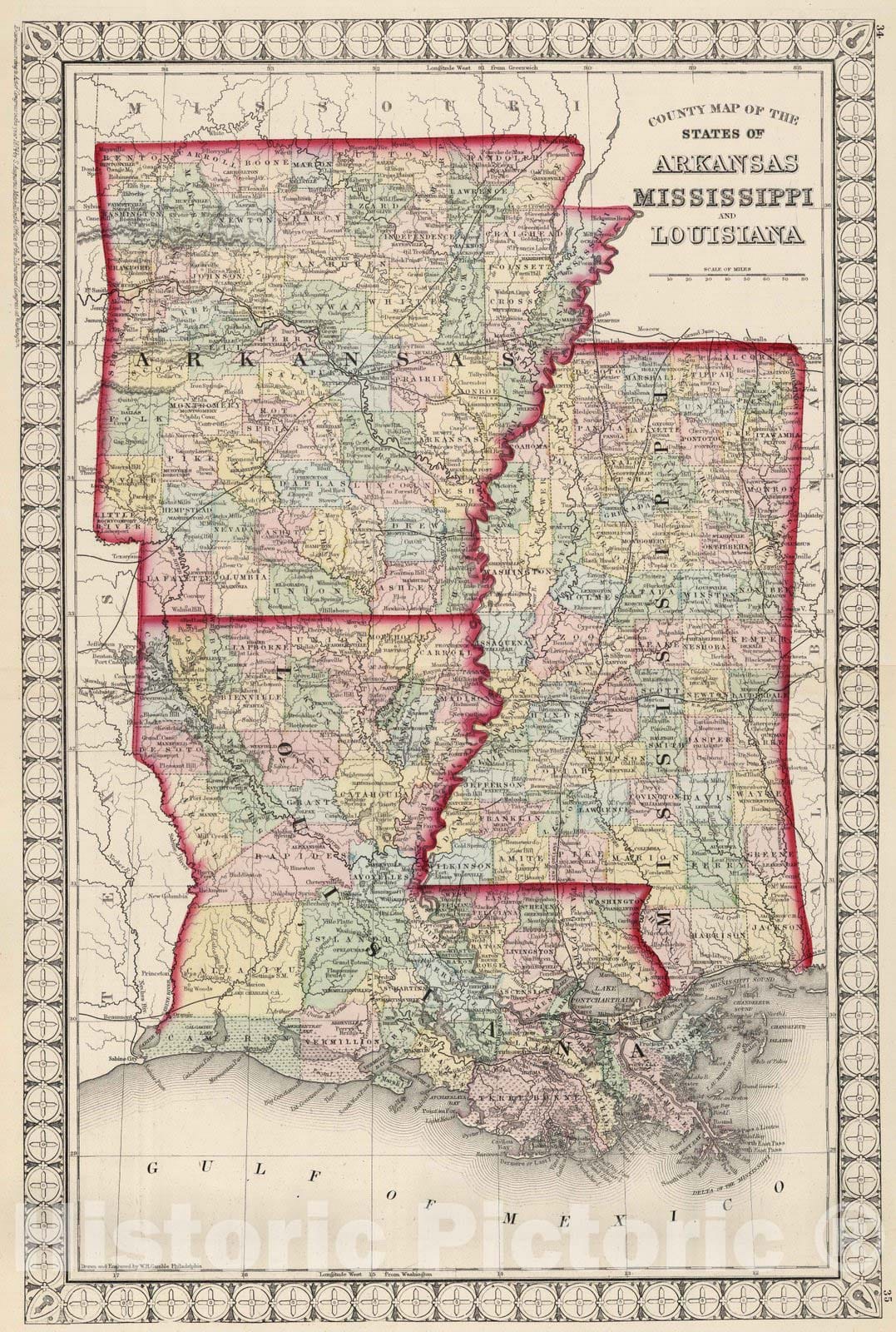 Historic Map : National Atlas - 1874 County Map of the States of Arkansas, Mississippi, and Louisiana. - Vintage Wall Art