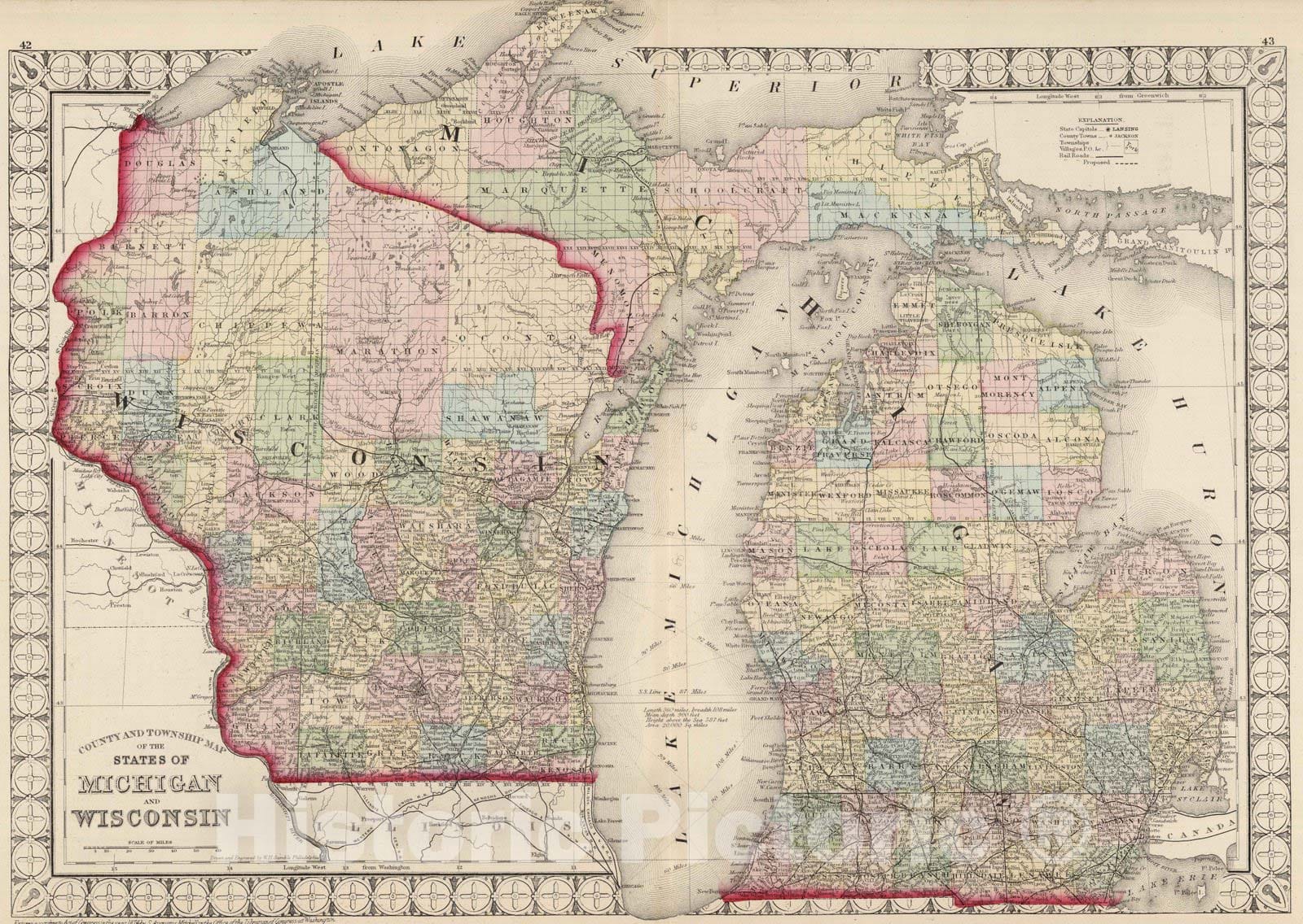 Historic Map : National Atlas - 1874 County and Township Map of the States of Michigan and Wisconsin. - Vintage Wall Art