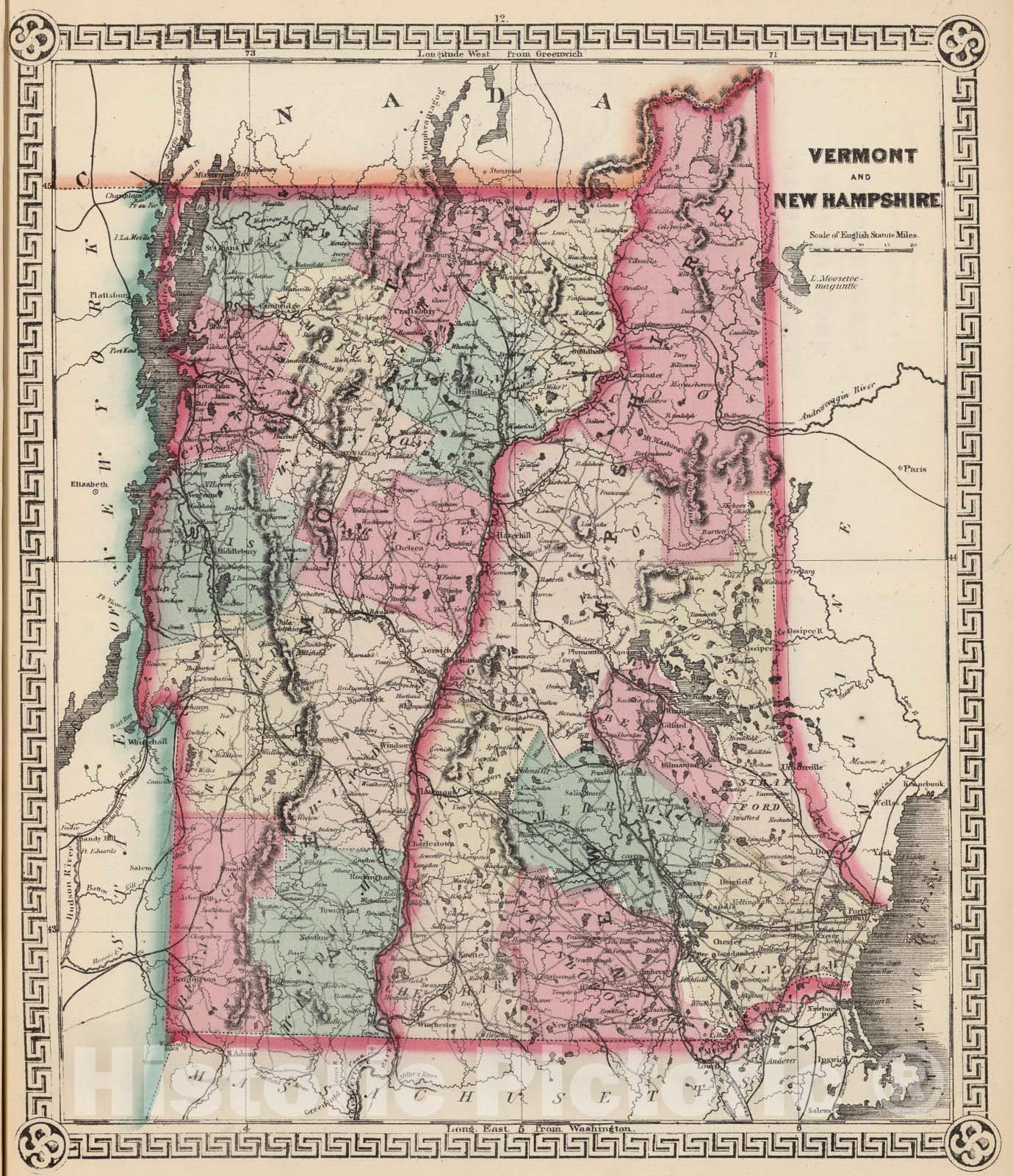 Historic Map : National Atlas - 1867 Vermont and New Hampshire. - Vintage Wall Art