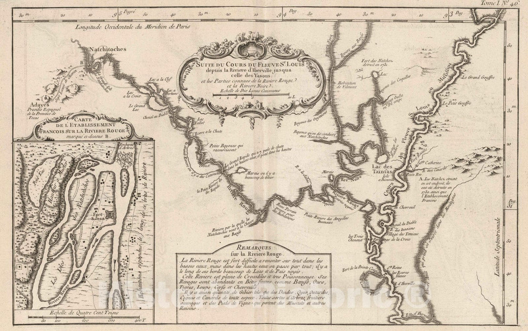 Historic Map : Natchitoches (La.), Louisiana, 1764 Chart Suite Du Cours Du Fleuve St. Louis depuis la Riviere d'Iberville, jusqua celle des Yasous , Vintage Wall Art