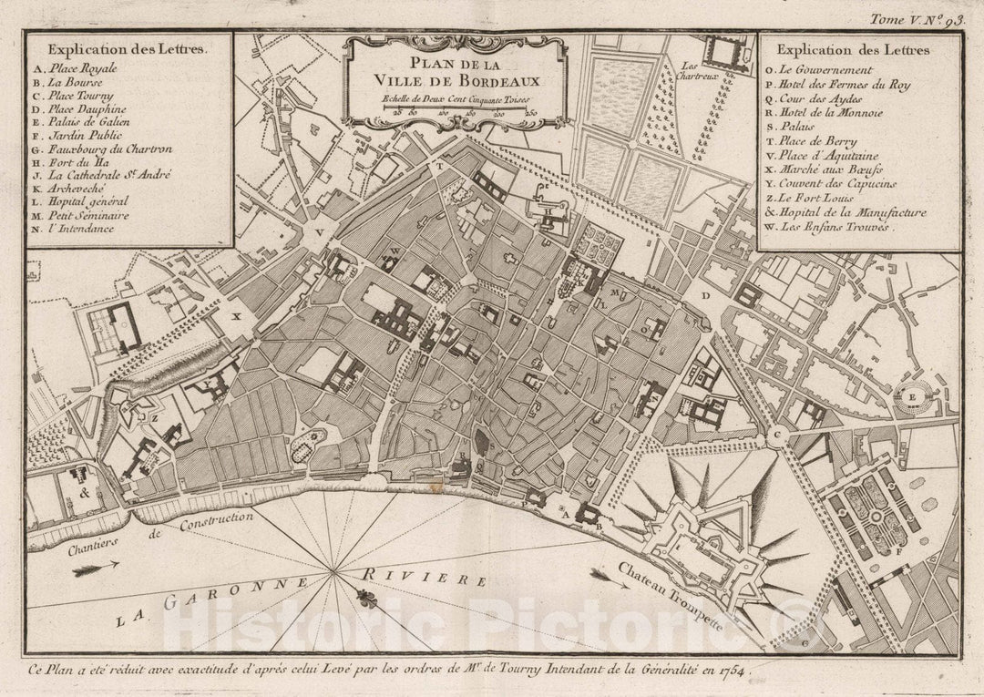 Historic Map : France , Bordeaux France, Guyenne 1764 Plan de la ville de Bordeaux. , Vintage Wall Art