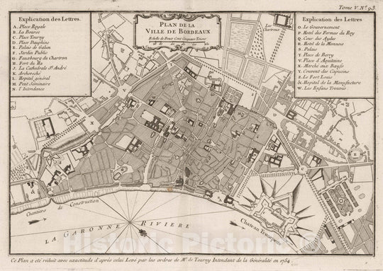 Historic Map : France , Bordeaux France, Guyenne 1764 Plan de la ville de Bordeaux. , Vintage Wall Art