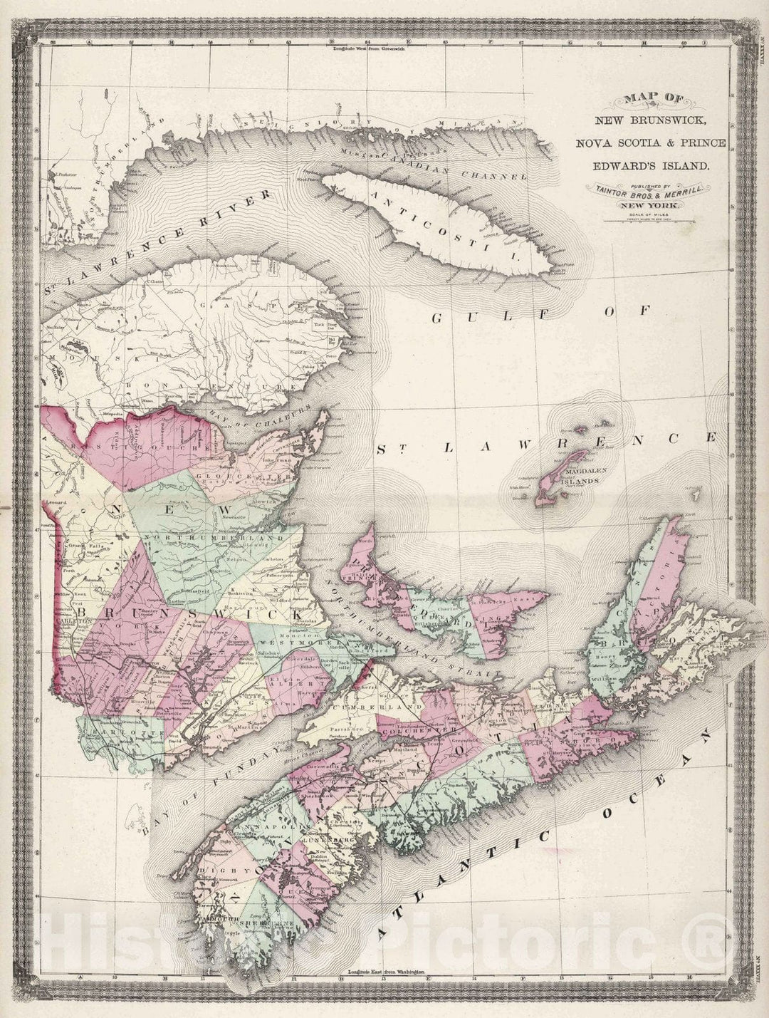 Historic Map : 1874 New Brunswick, Nova Scotia & Prince Edward's Island. - Vintage Wall Art