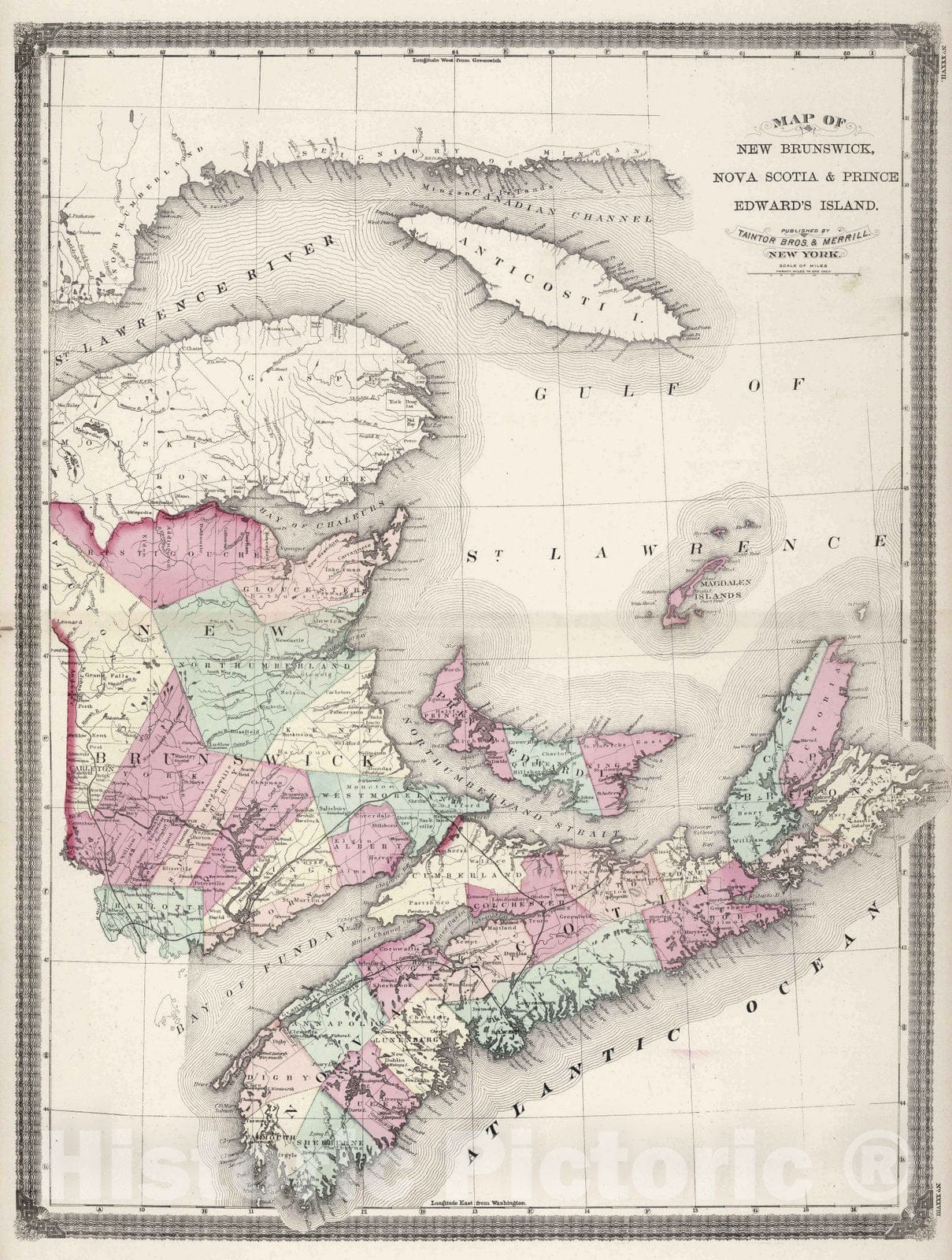 Historic Map : 1874 New Brunswick, Nova Scotia & Prince Edward's Island. - Vintage Wall Art