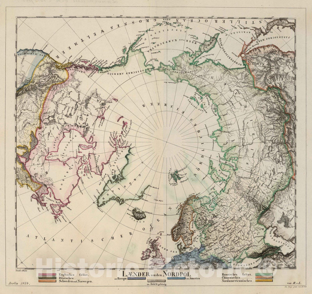 Historic Map : School Atlas - 1824 Laender um den Nordpol. Berlin 1824. von R.v.L. - Vintage Wall Art