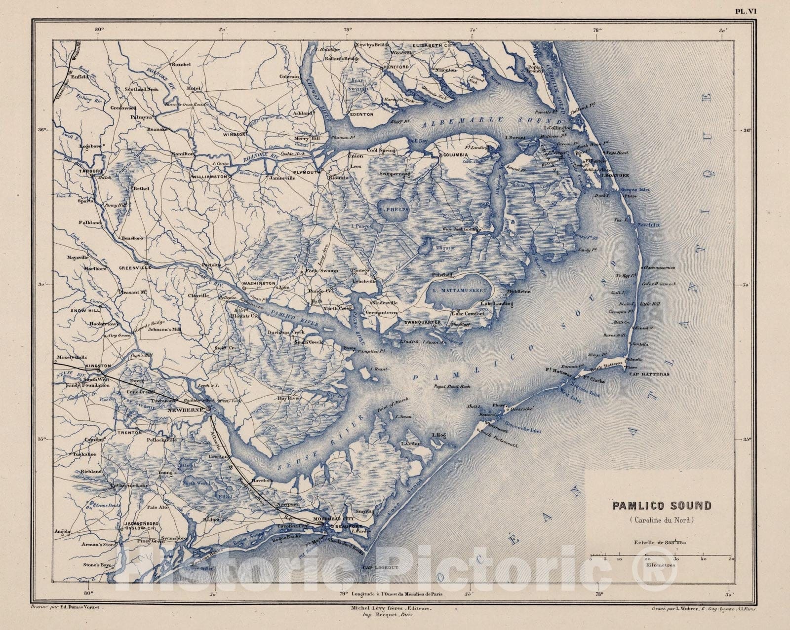 Historic Map : North Carolina, Pamlico Sound 1874 Planche VI. Pamlico Sound. (Carolina du Nord). , Vintage Wall Art
