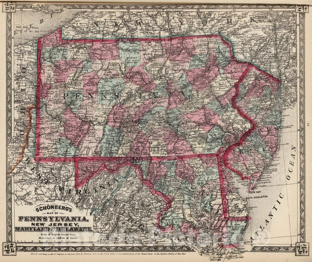 Historic Map : National Atlas - 1867 Schonberg's Map of Pennsylvania, New Jersey, Maryland and Delaware. - Vintage Wall Art
