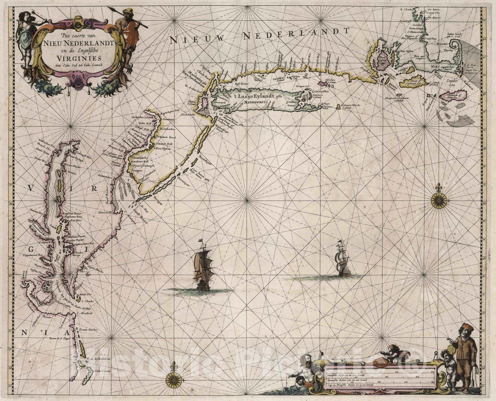 Historic Map : Massachusetts, Atlantic Seaboard (United States) 1667 Pas caerte van Nieu Nederlandt en de Engelsche Virginies. , Vintage Wall Art