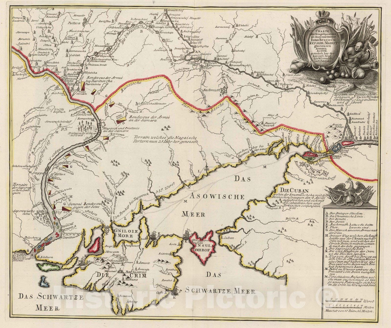 Historic Map : Russia; Ukraine, 1736 Charte der Kriegsoperationen am Donn und Dnieper Ihro Russisch Keyserl , Vintage Wall Art