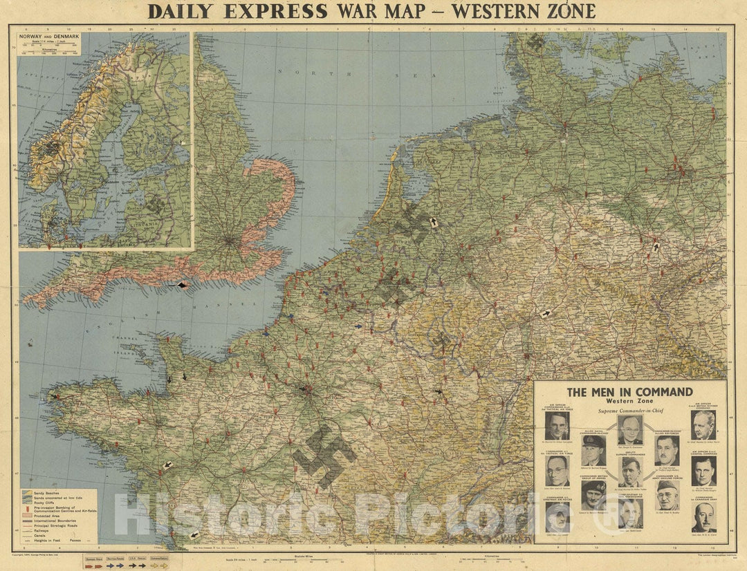 Historic Map : School Atlas - 1944 Daily Express War Map, Western Zone. - Vintage Wall Art