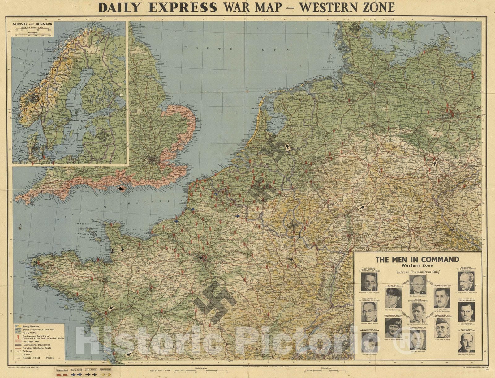 Historic Map : School Atlas - 1944 Daily Express War Map, Western Zone. - Vintage Wall Art