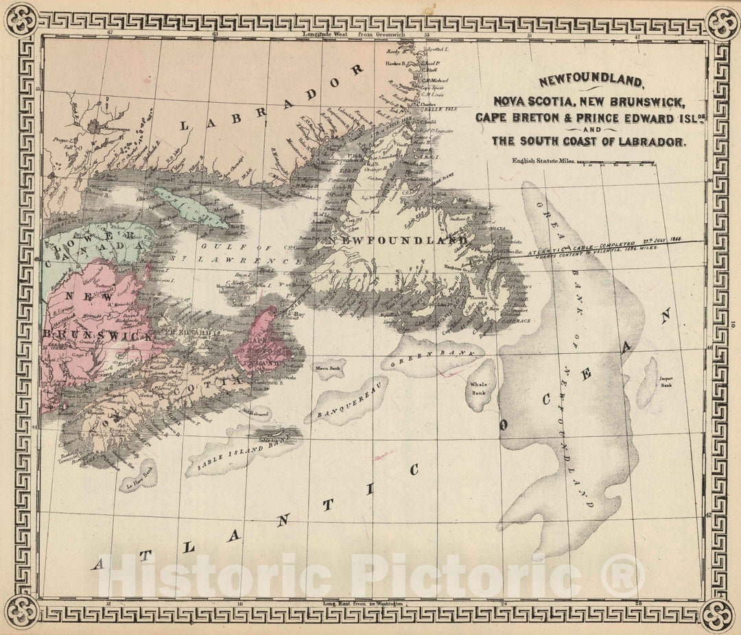 Historic Map : National Atlas - 1867 Newfoundland, Nova Scotia, New Brunswick, Cape Breton and Prince Edward Islands. - Vintage Wall Art