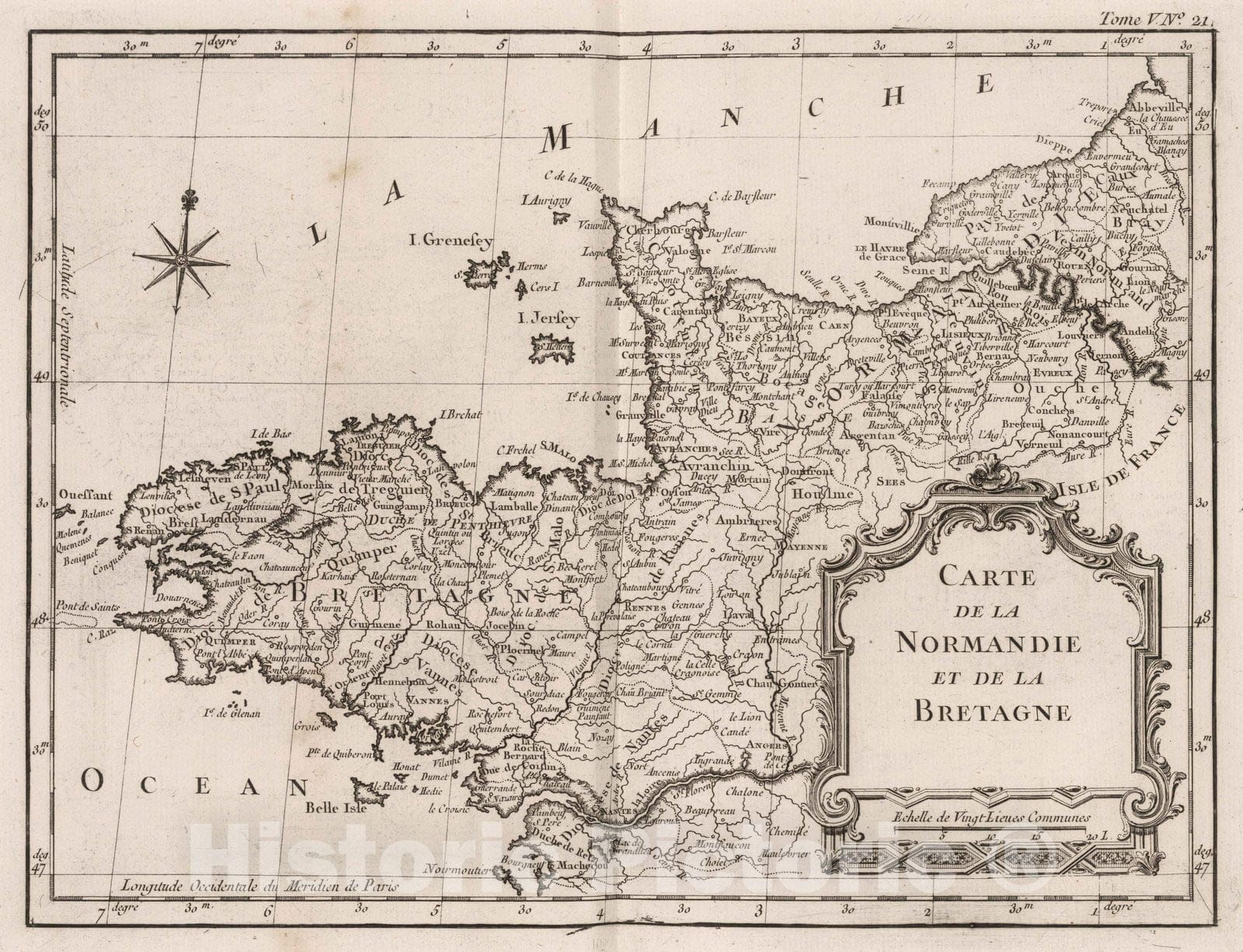 Historic Map : France, Bretagne , France 1764 Carte de la Normandie et de la Bretagne. , Vintage Wall Art