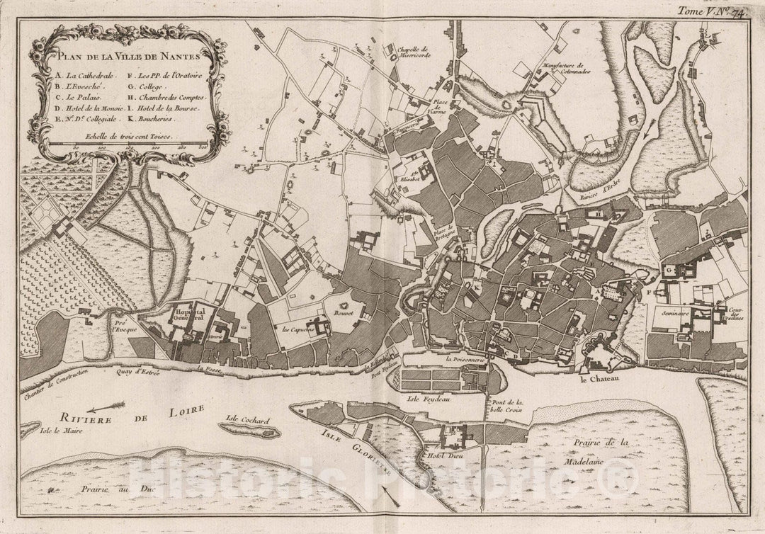 Historic Map : France , Nantes France, Bretagne 1764 Plan de la ville de Nantes. , Vintage Wall Art