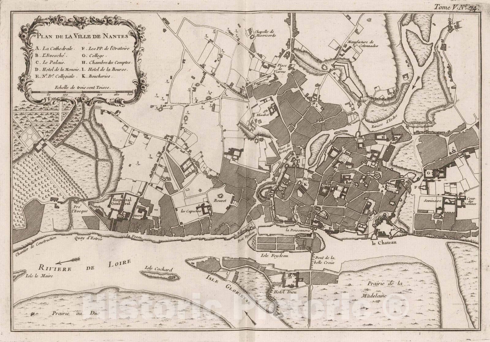 Historic Map : France , Nantes France, Bretagne 1764 Plan de la ville de Nantes. , Vintage Wall Art