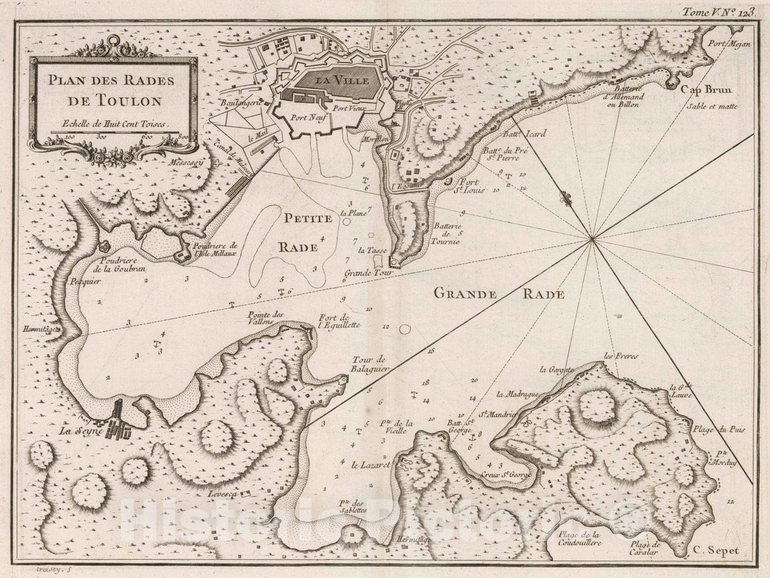 Historic Map : France , Toulon France, Provence 1764 Plan des rades de Toulon. Croisey [sculp.] , Vintage Wall Art