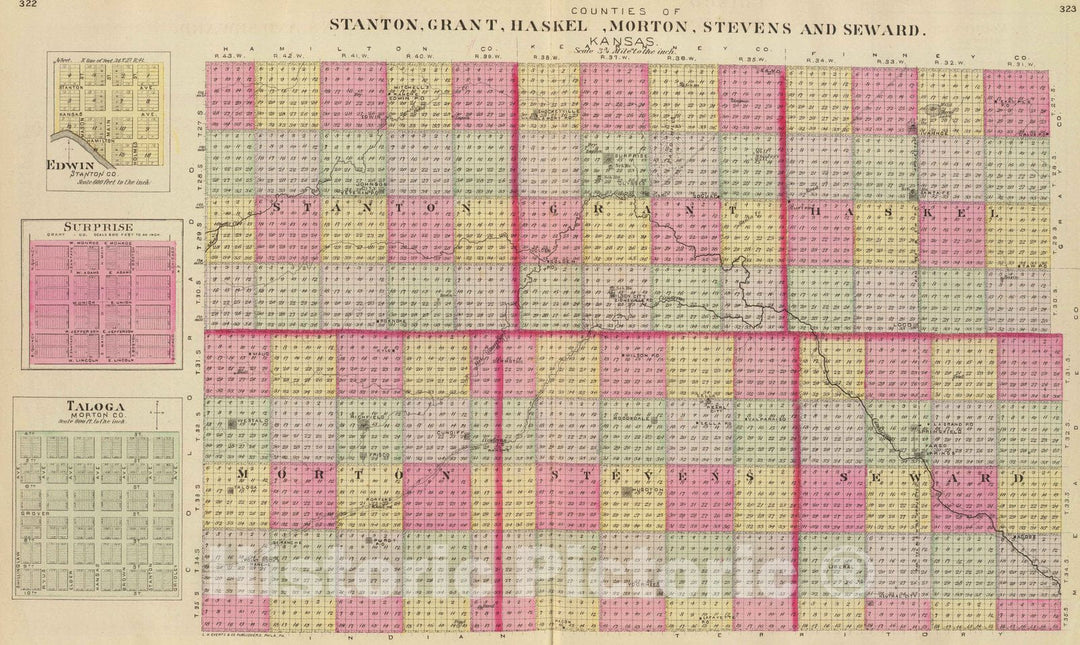 Historic Map : 1887 Stanton, Grant, Haskel, Morton, Stevens, Seward counties, Kansas. - Vintage Wall Art