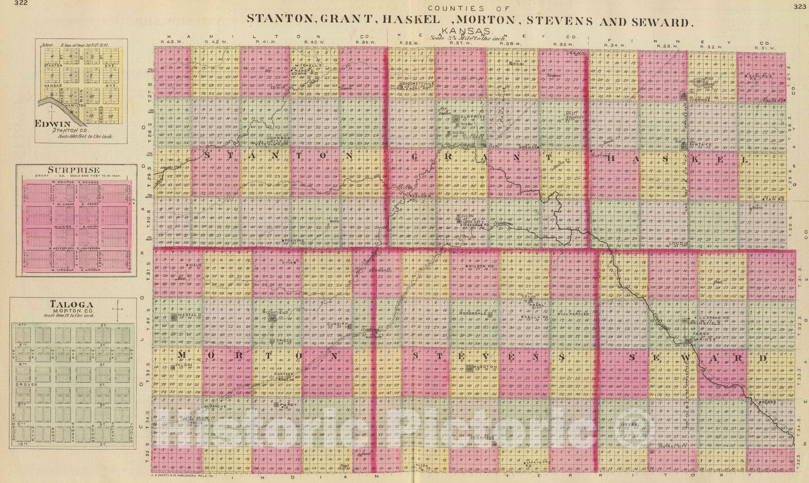 Historic Map : 1887 Stanton, Grant, Haskel, Morton, Stevens, Seward counties, Kansas. - Vintage Wall Art