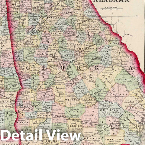 Historic Map : National Atlas - 1874 County Map of the States of Georgia and Alabama. - Vintage Wall Art